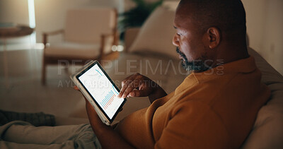 Buy stock photo Remote work, analysis or black man in home with tablet screen, forecasting or stats monitor at night. WFH, mature person or finance analyst with tech, performance track or data in budget review