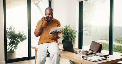 Buy stock photo Man, tablet and phone call in home with remote work, feedback and good news for marketing project. Mature, black person or freelancer in house office with tech, update or happy for creative campaign.