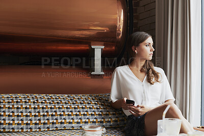 Buy stock photo Thinking, text or woman in cafe with phone, message insight or reflection on report feedback. Mindset, space or employee in restaurant with tech, business perspective or daydreaming on project growth