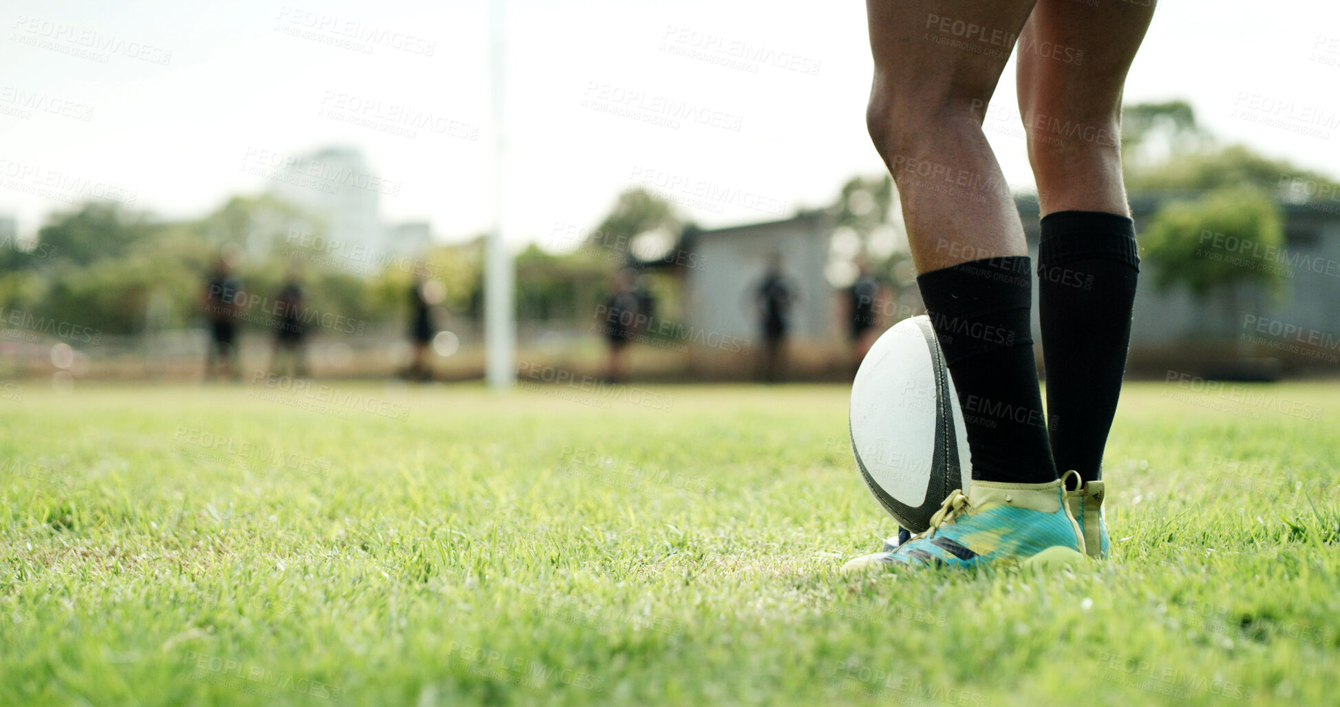 Buy stock photo Rugby ball, legs and athlete on field with kick, start game or match for competition or challenge. Sport, person and equipment for tournament, score or accuracy practice with fitness and space