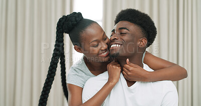 Buy stock photo Smile, black couple and hug in home for care, loyalty or connection together for healthy relationship. Man, woman or embrace partner at house with love, trust or support with commitment for happiness