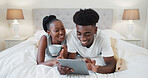 Smile, love and black couple on bed with tablet for social media, scroll and together in home. Relax, comfort and African woman with man in house bedroom for morning, bonding and digital tech for app