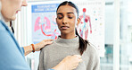 Healthcare, doctor and patient with stethoscope in hospital, respiratory examination and heart rate. Consultation, woman and gp with medical equipment for health checkup, lung function test or breath