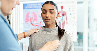 Buy stock photo Healthcare, doctor and patient with stethoscope in hospital, respiratory examination and heart rate. Consultation, woman and gp with medical equipment for health checkup, lung function test or breath