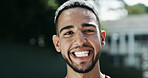 Smile, student and man outdoor for travel, university and positive attitude for education. Portrait, male person and morning commute to college with scholarship, happiness and learning opportunity