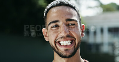 Buy stock photo Smile, student and man outdoor for travel, university and positive attitude for education. Portrait, male person and city with scholarship, confidence and college bursary for learning opportunity