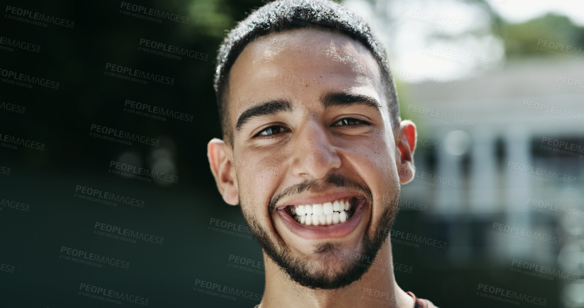 Buy stock photo Smile, student and man outdoor for travel, university and positive attitude for education. Portrait, male person and city with scholarship, confidence and college bursary for learning opportunity