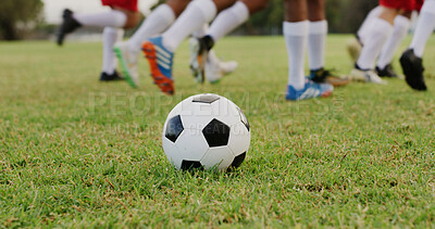 Buy stock photo People, feet and soccer ball on field with practice, outdoor training and preparation for tournament. Football player, team and shoes on grass with sports equipment, exercise and fitness for game.