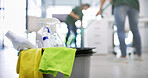 Bucket, supplies and people with cleaning in office, antibacterial products and disinfectant spray. Equipment, germ protection and janitor with sanitary kit for housekeeping, hygiene and dirt cleaner