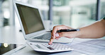 Hands, woman and laptop in office with calculator, research and finance expenses for bookkeeping. Person, pc and calculating in workplace with document, financial audit and tax preparation of company