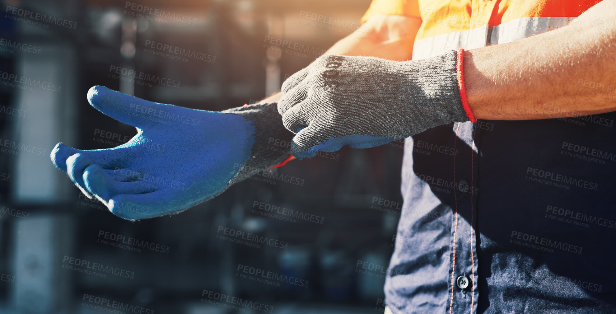 Buy stock photo Hand, architecture and man with gloves for safety, construction site or building renovation. Technician, person or employee with equipment for protection, engineer compliance or project maintenance