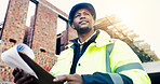 Clipboard, black man and thinking with document on construction site with inspection for renovation or repairs. Management, smile and civil engineer with paperwork for project risk assessment