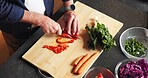 Hands, chef and vegetables in home for cooking, meal prep and healthy food for vegan lunch. Above, mature person and cutting in kitchen with organic ingredients, culinary skills and recipe for salad