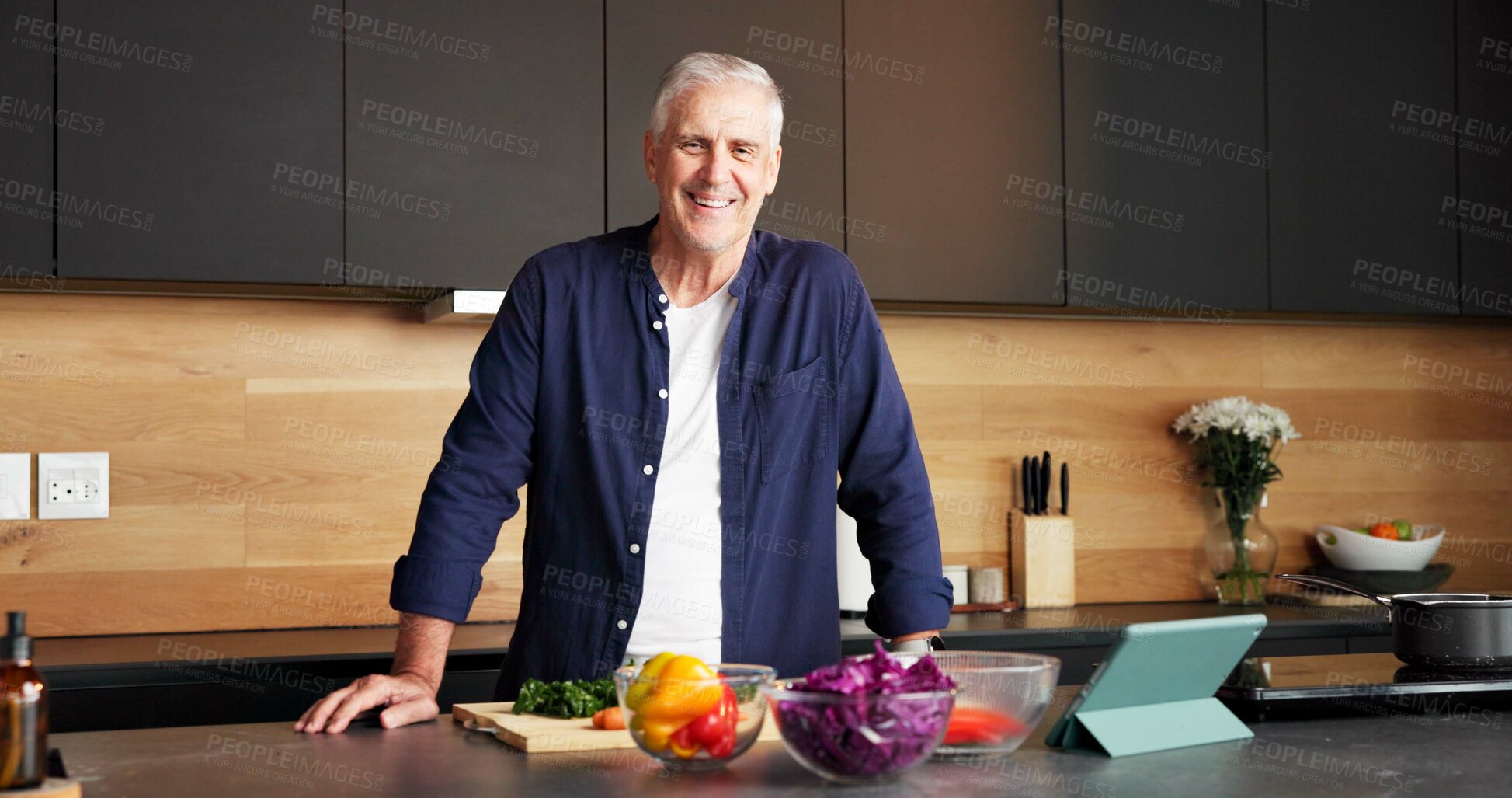 Buy stock photo Portrait, old man and tablet in home for cooking, meal prep and healthy food with online video. Smile, senior person or digital at house with organic ingredients, culinary skills and recipe for salad