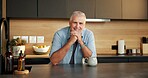 Portrait, smile and senior man in kitchen with calm, positive attitude and wellness with coffee. Home, peace and happy elderly person with beverage in morning on staycation for retirement in USA