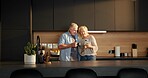 Coffee break, phone and senior couple in home for morning, conversation or bonding together in kitchen. Love, tech and elderly people for discussion with social media, relax and chat in apartment