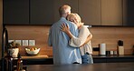 Smile, hug and elderly couple in home for support, comfort or bonding together in kitchen. Love, commitment and old man with woman for connection with marriage, anniversary and embrace in apartment