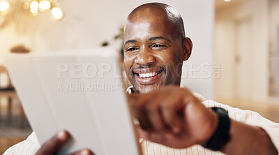 Buy stock photo Smile, tablet and reading with black man on sofa for social media, online update and communication. Connection, digital tech and happy person in living room of home with ebook, app or subscription