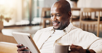 Buy stock photo Smile, tablet and coffee break with black man on couch for social media, online update and communication. Relax, digital tech and happy person in living room of home with ebook, app or subscription