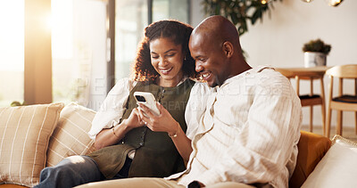 Buy stock photo Couple, relax and laugh in living room with phone, online entertainment and joke for bonding together. Married, African people and browsing in home with tech, humor or social media for internet meme.
