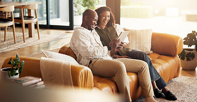 Buy stock photo Couple, laugh and watching video on sofa with tablet, streaming comedy and series for bonding together. Married, African people and happy in home with tech, humor and funny movie for entertainment.