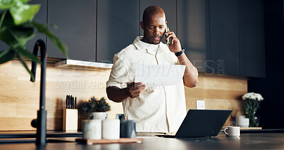 Buy stock photo Remote work, phone call or black man in home with paper, client contact or budget review for funding. WFH, laptop or finance advisor with document, proposal feedback or portfolio check for investment
