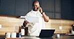 Remote work, phone call or black man in house with paper, client update or budget review for funding. Smile, tech or finance advisor with document, proposal feedback or portfolio check for investment