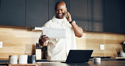 Buy stock photo Remote work, phone call or black man in house with paper, client update or budget review for funding. Smile, tech or finance advisor with document, proposal feedback or portfolio check for investment