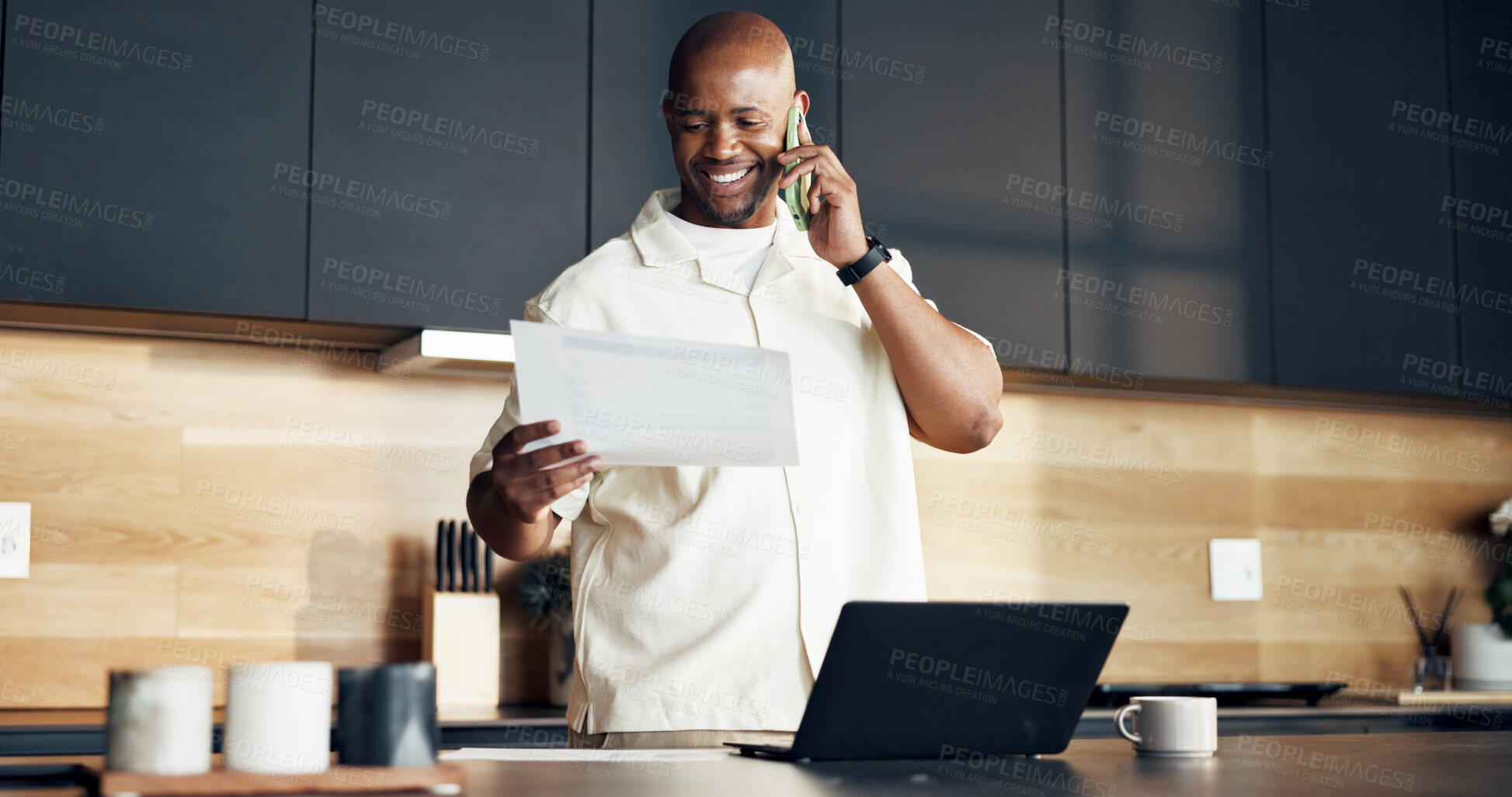 Buy stock photo Remote work, phone call or black man in house with paper, client update or budget review for funding. Smile, tech or finance advisor with document, proposal feedback or portfolio check for investment