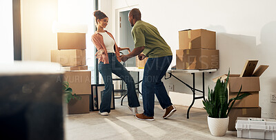 Buy stock photo Dancing, couple and happy in new house, relocation and bonding for property investment with partner. African people, rhythm and celebration for first home, love or excited for real estate opportunity