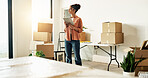 Woman, thinking and renovation in new house with tablet, research architecture trends or inspiration. Person, vision and moving in home with tech, remodeling project or planning for property upgrade.