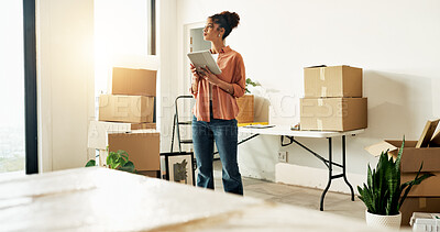 Buy stock photo Woman, thinking and renovation in new house with tablet, research architecture trends or inspiration. Person, vision and moving in home with tech, remodeling project or planning for property upgrade.