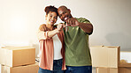 Moving, portrait and couple with key in new house, hug and happy with property investment or success. African people, smile and confident with milestone, real estate and mortgage opportunity in home