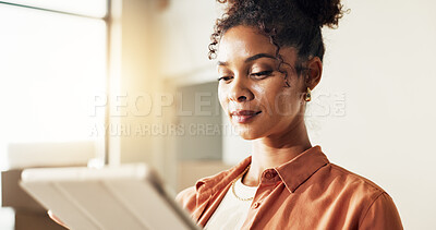 Buy stock photo Tablet, online shopping and woman in new home with order on website for renovation in living room. Digital technology, reading and female person with research for real estate contract in apartment.