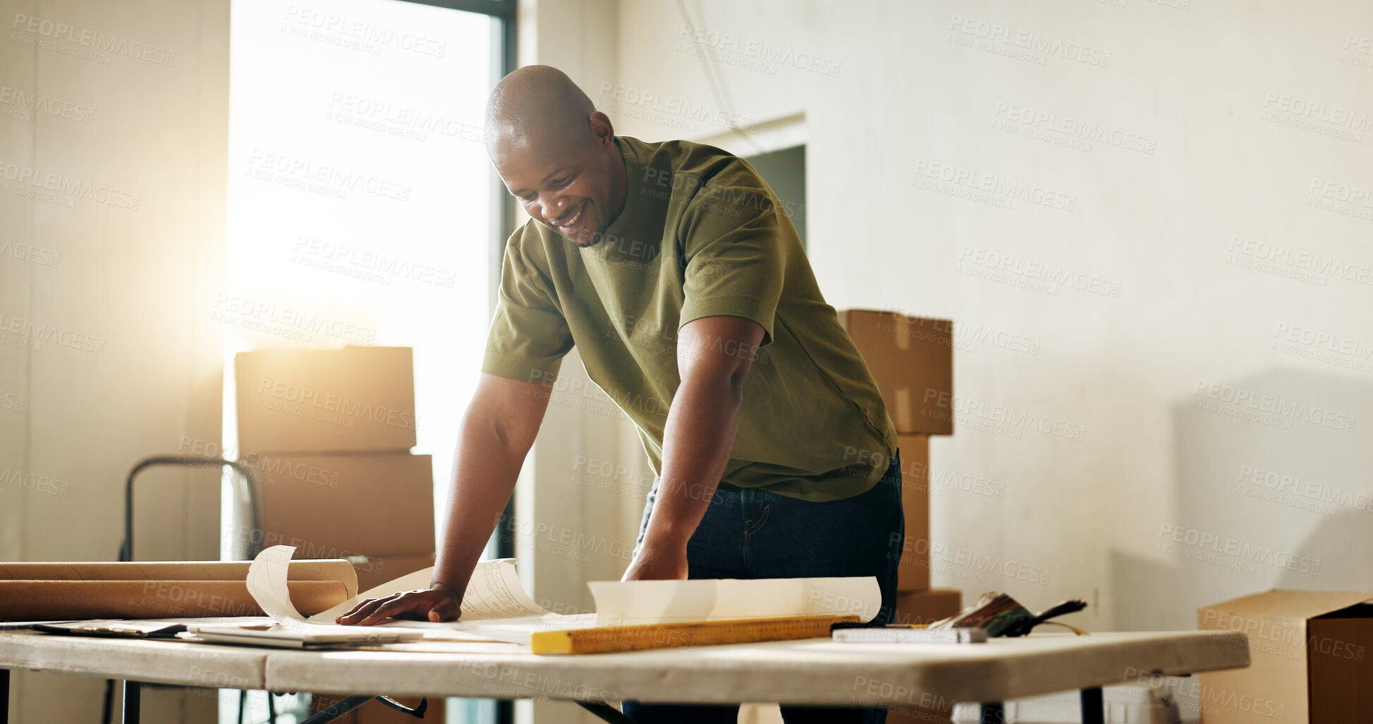 Buy stock photo Happy, man and renovation with floor plan for home improvement, property upgrade or interior design. Black person, smile and layout document in house with blueprint, maintenance or remodeling project