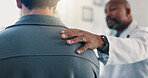 Support, patient and doctor with hand on shoulder at hospital for healthcare, encouragement and trust. Medical worker, empathy and comfort with people in clinic for care, compassion and understanding