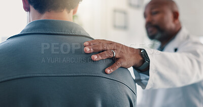 Buy stock photo Support, patient and doctor with hand on shoulder at hospital for healthcare, encouragement and trust. Medical worker, empathy and comfort with people in clinic for care, compassion and understanding