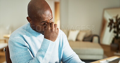 Buy stock photo Business, headache and remote work with black man in home office for fail, loss or mistake. Anxiety, frustration and stress with freelance employee in apartment for deadline pressure or tension
