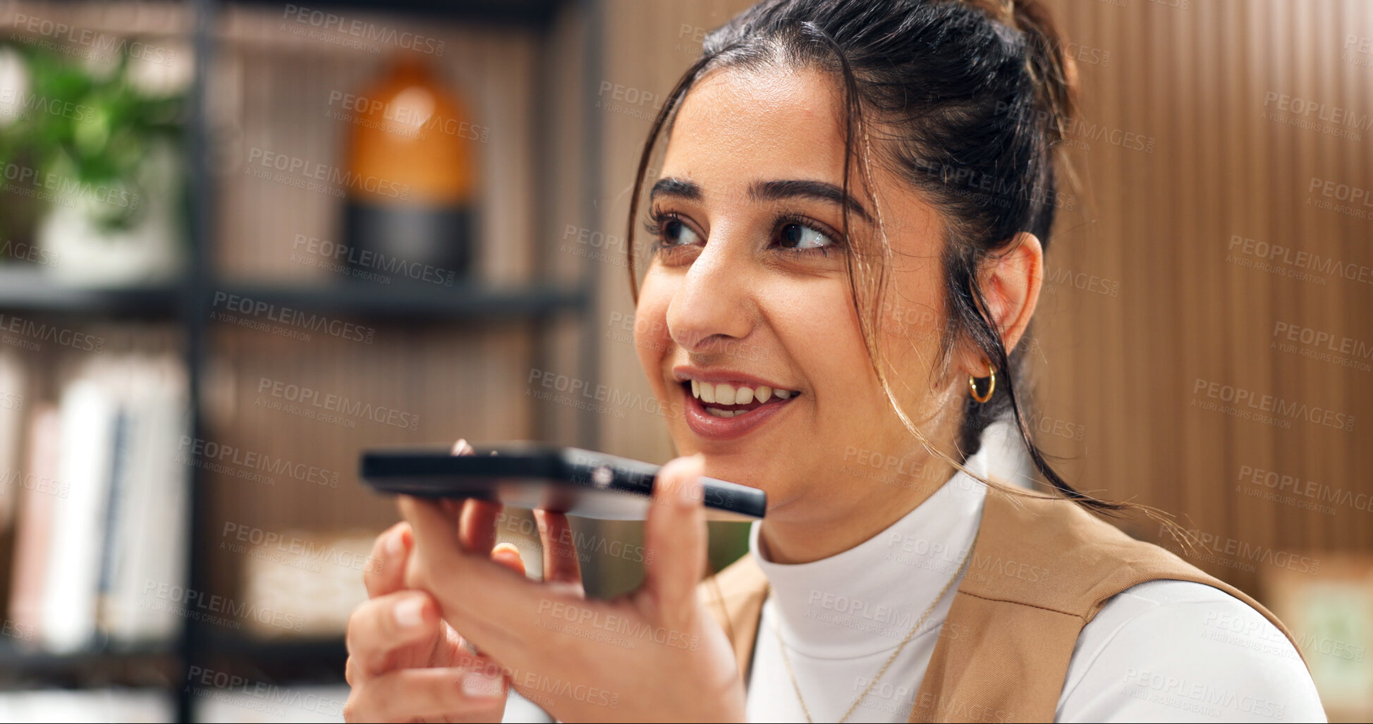 Buy stock photo Woman, remote work or phone in home for voice note, audio memo or speech to text app for reminder. Employee, contact or smile with mobile for agenda update, communication or discussion for networking