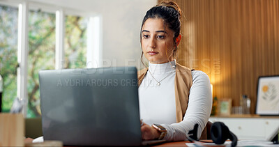 Buy stock photo Typing, laptop and woman in home for remote work, copywriting and seo review for website content. Business, freelancer and person on computer for research, internet and planning for online report
