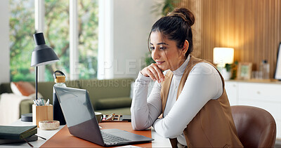 Buy stock photo Reading, happy and woman on laptop in home for remote work, copywriting and seo review for update. Smile, freelancer and person on computer for research, planning and thinking for website report