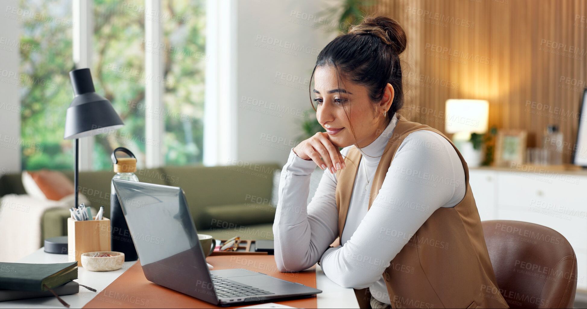 Buy stock photo Reading, happy and woman on laptop in home for remote work, copywriting and seo review for update. Smile, freelancer and person on computer for research, planning and thinking for website report