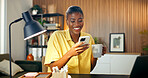 Woman, laugh and phone in home with remote work, morning coffee and funny joke on social media post. Black person, browsing and happy in house with tech, freelance job and humor from text message.