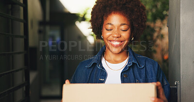 Buy stock photo Logistics, delivery and black woman with package, customer satisfaction or doorstep service at home. Happy, box and person at gate with optimism, distribution or courier drop off in supply chain.