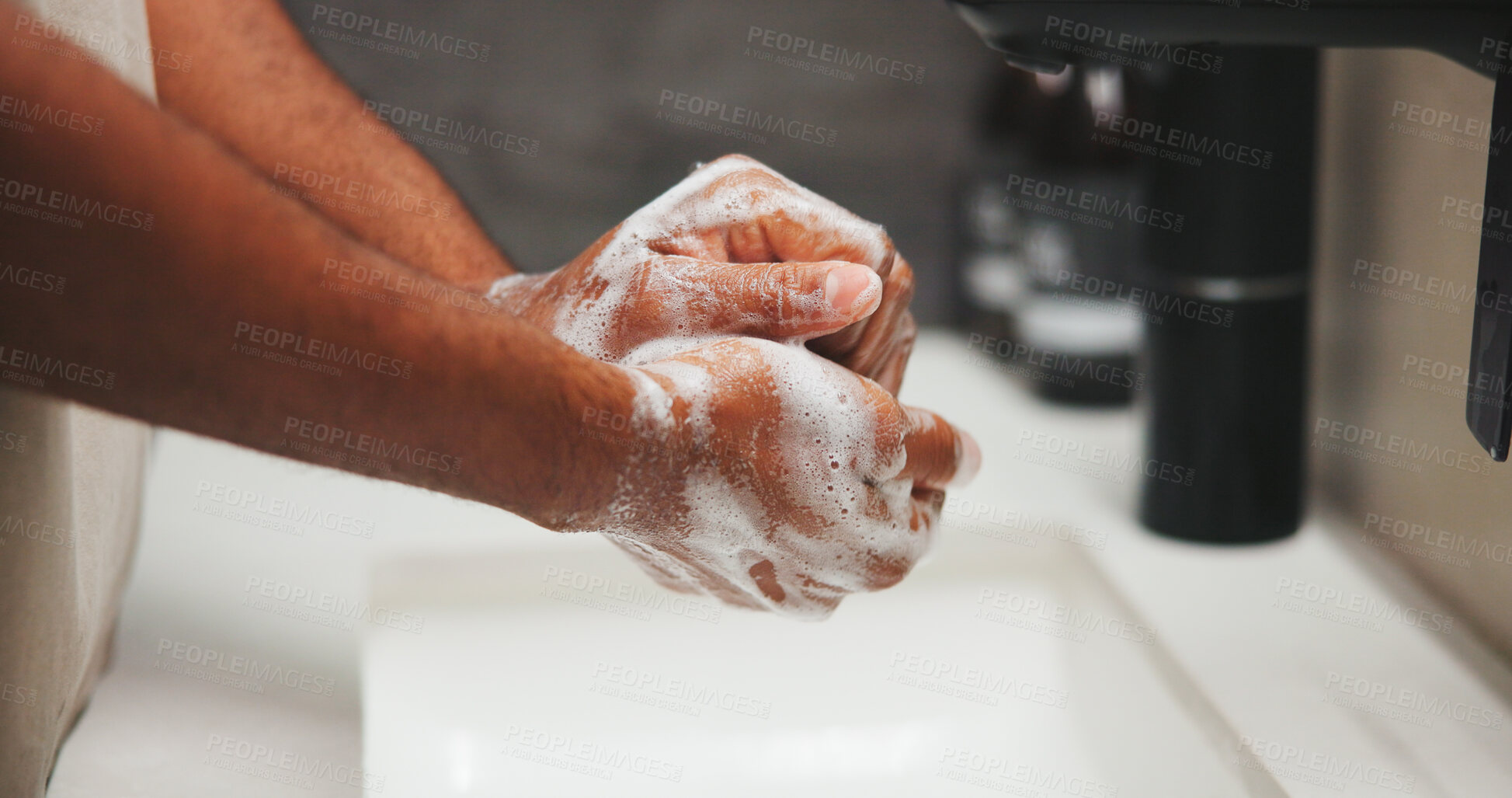 Buy stock photo Health, washing hands or person in home with soap, bacteria removal or sanitation in wellness routine. Safety, cleaning or man with disinfectant, germ protection or hygiene habit in virus prevention.