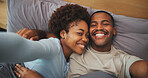 Portrait, relax and selfie with black couple in bed at apartment together for bonding or connection. Affection, photograph and smile with happy people in bedroom of home for memories or social media