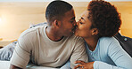 Wake up, kiss or couple in bed with love, partner care or bonding together in connection. Tender, loyalty or African people with affection, romantic moment or morning routine in healthy relationship.
