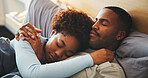 Love, relax and sleeping with black couple in bed at apartment together for bonding, connection or rest. Affection, morning and hug with calm people in bedroom of home for break, holiday or romance