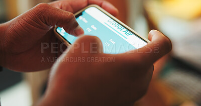 Buy stock photo Flight, hands and person with phone screen for ticket, online checkin and confirm travel info. Tourist, tech display and network in home with agency website, efficient service or digital registration