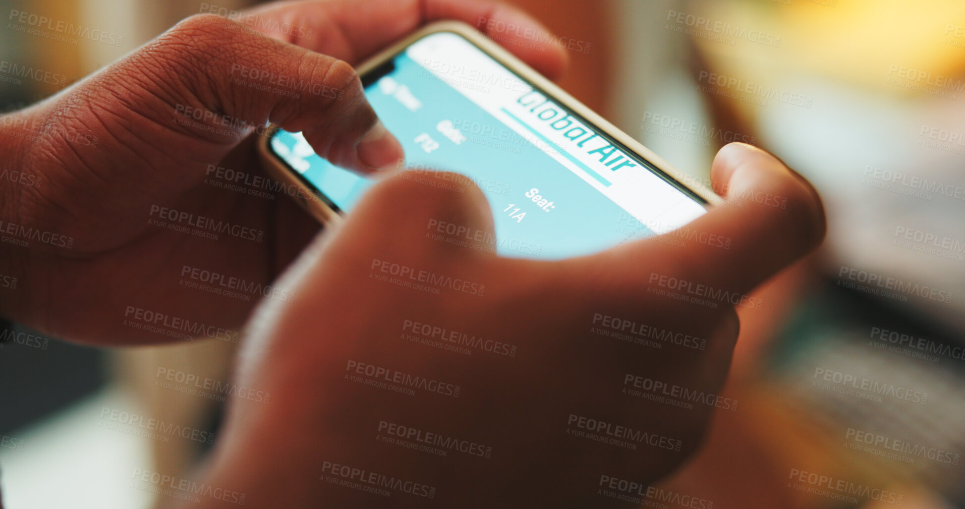 Buy stock photo Flight, hands and person with phone screen for ticket, online checkin and confirm travel info. Tourist, tech display and network in home with agency website, efficient service or digital registration